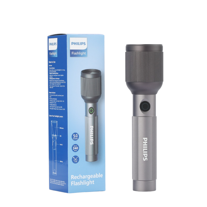 PHILIPS Aircraft Aluminium Alloy 19.2cms LED Rechargeable Flashlight – 650Lumens, 450m Range, 2000mAh SFL2242/56